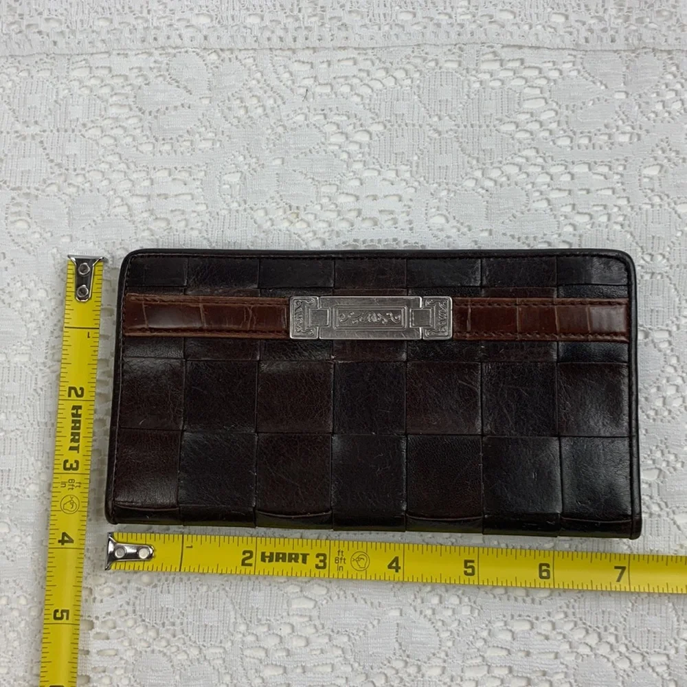 Brighton Vintage Leather Bifold Wallet Brown Black Slip zip pockets Silver logo